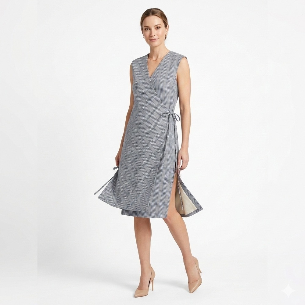 W by Worth Plaid Wrap Dress Vest Size 4 Blue White Sleeveless Side Tie Lined